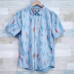 OUTERKNOWN Short Sleeve Studio Shirt Blue Aztec Organic Cotton Hemp Mens Medium
